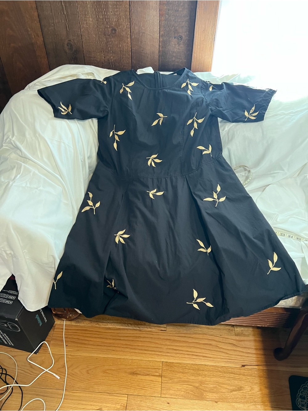 eshakti Black Midi Dress with Cream Leaf Embroidery